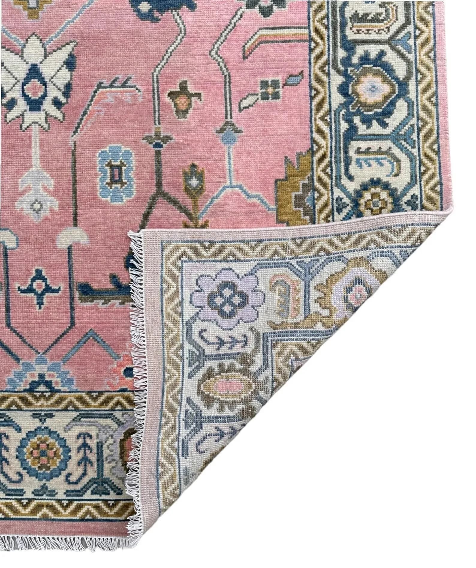 Handknotted Traditional Pink Oriental Area Rug with Geometric Floral Motifs & Multi-Color Border thumbnail 3