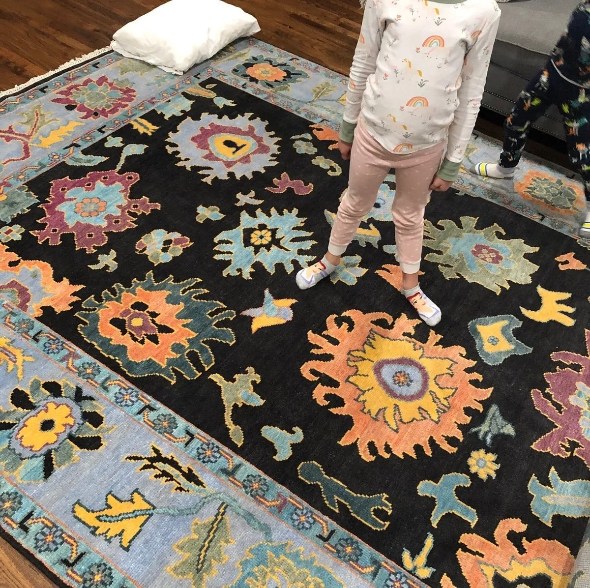 Handknotted Traditional Black Oriental Area Rug with Colorful Floral Palmettes & Light Blue Border thumbnail 2