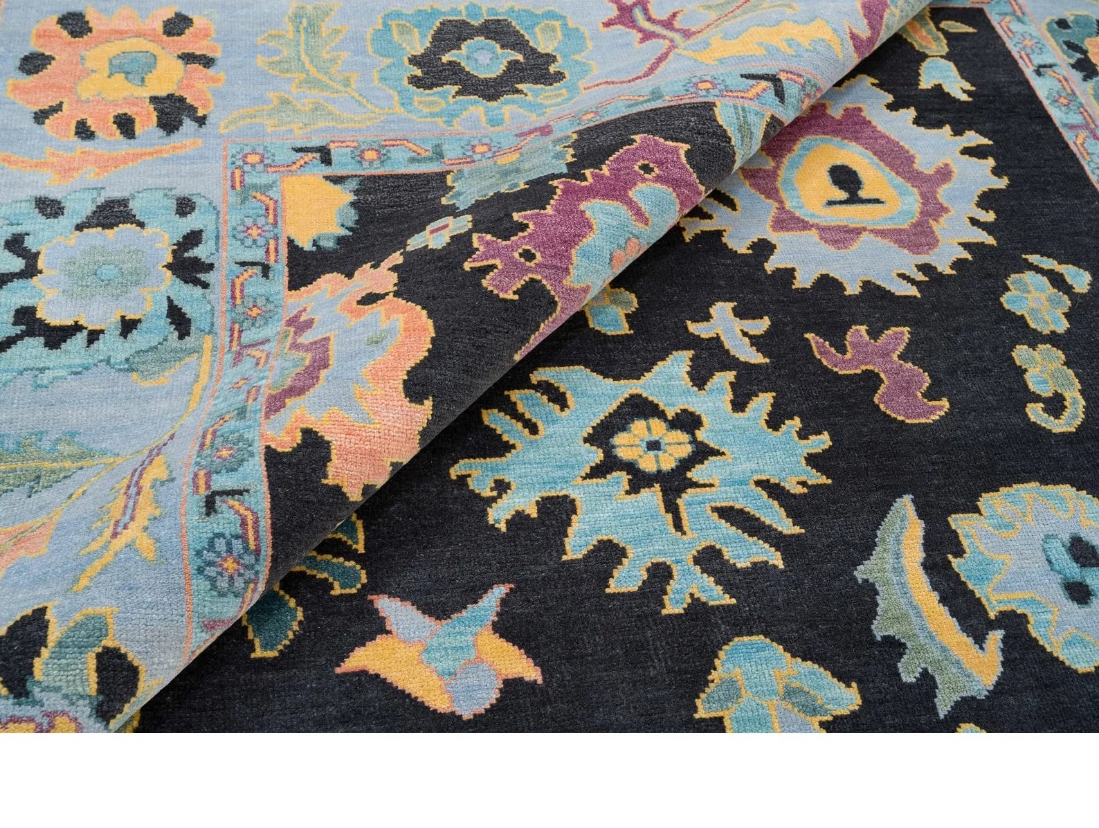 Handknotted Traditional Black Oriental Area Rug with Colorful Floral Palmettes & Light Blue Border thumbnail 4