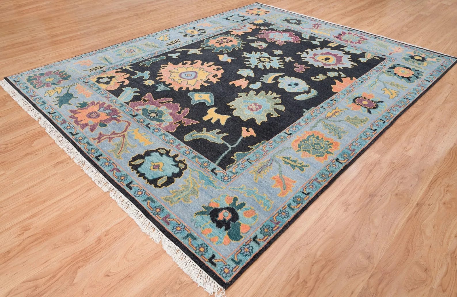 Handknotted Traditional Black Oriental Area Rug with Colorful Floral Palmettes & Light Blue Border thumbnail 6