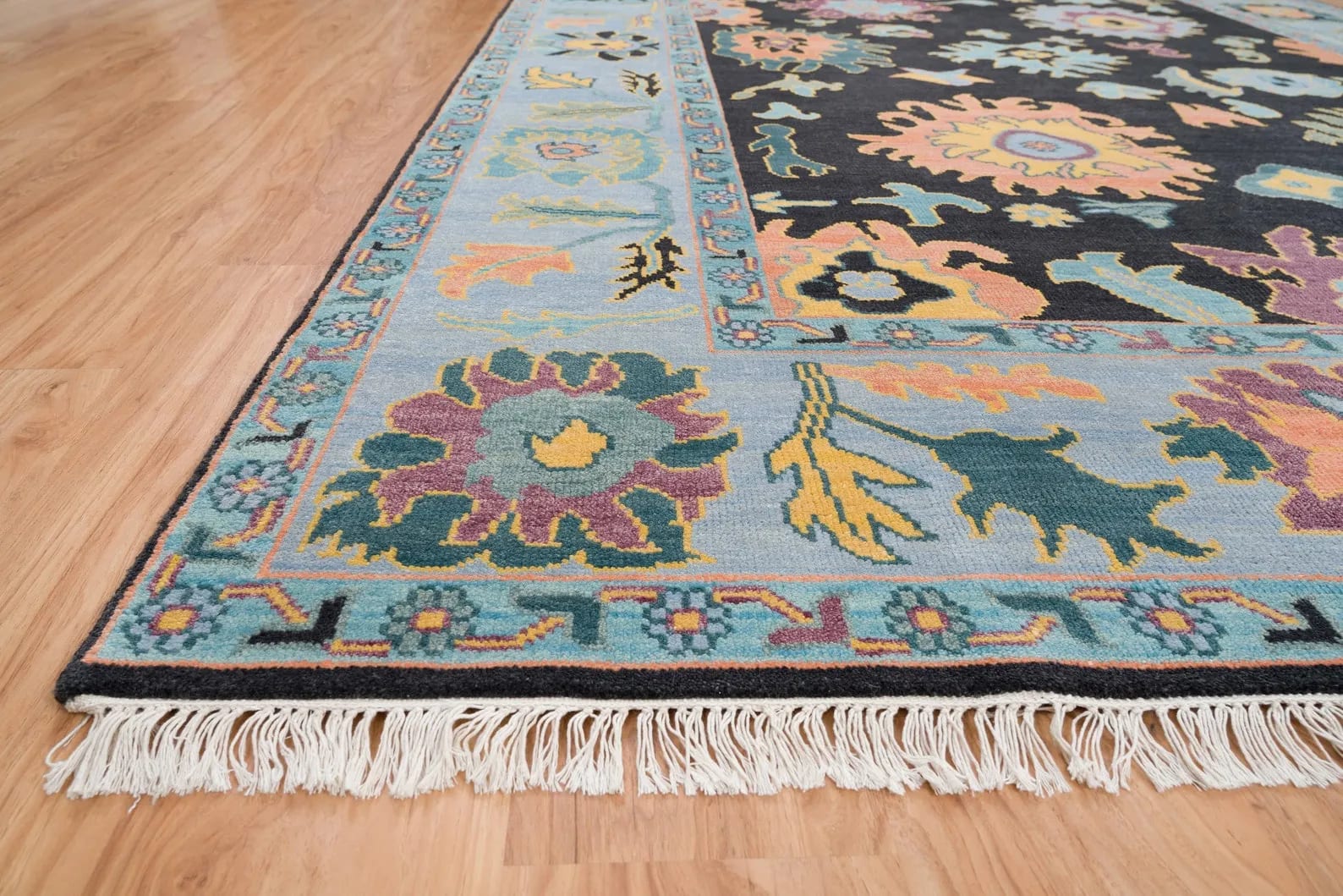 Handknotted Traditional Black Oriental Area Rug with Colorful Floral Palmettes & Light Blue Border thumbnail 7