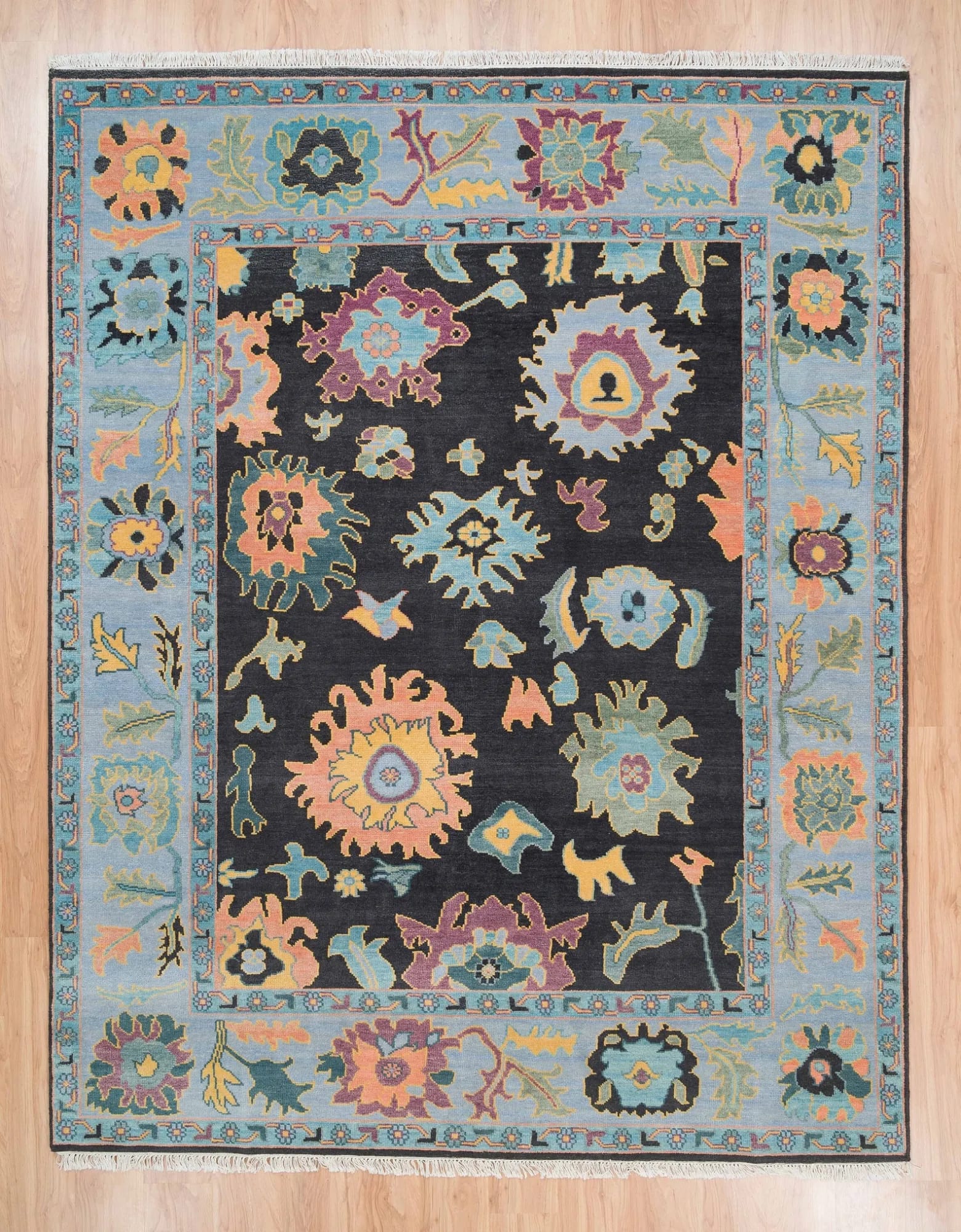 Handknotted Traditional Black Oriental Area Rug with Colorful Floral Palmettes & Light Blue Border thumbnail 3