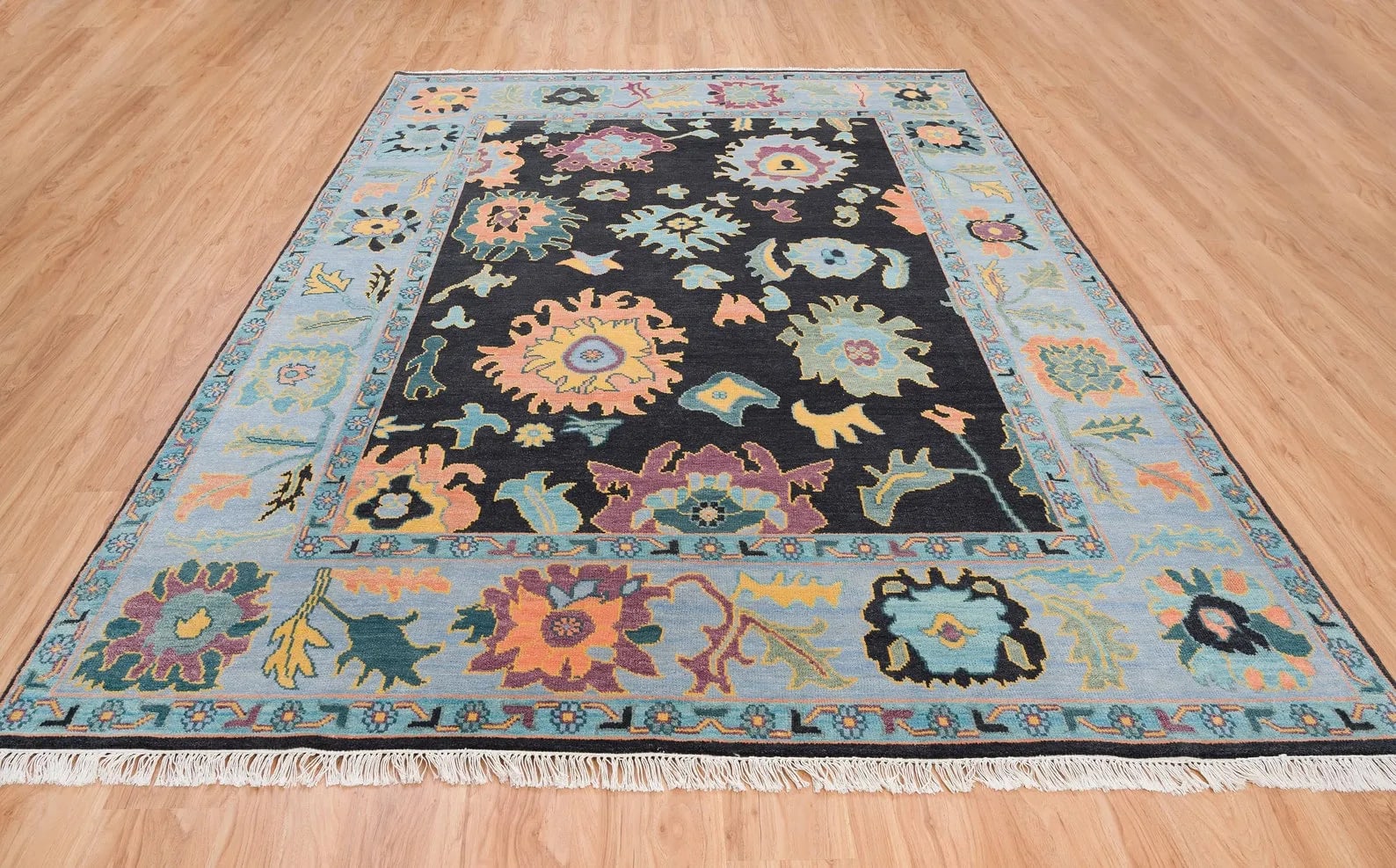 Handknotted Traditional Black Oriental Area Rug with Colorful Floral Palmettes & Light Blue Border thumbnail 8