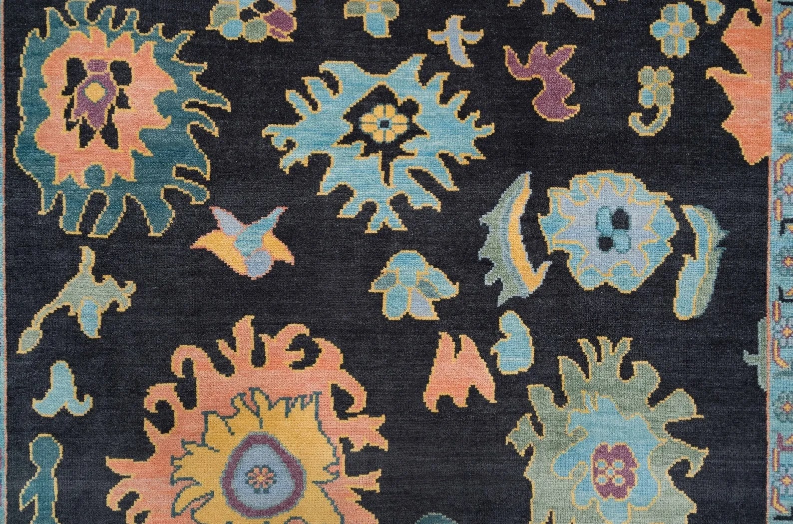 Handknotted Traditional Black Oriental Area Rug with Colorful Floral Palmettes & Light Blue Border thumbnail 5