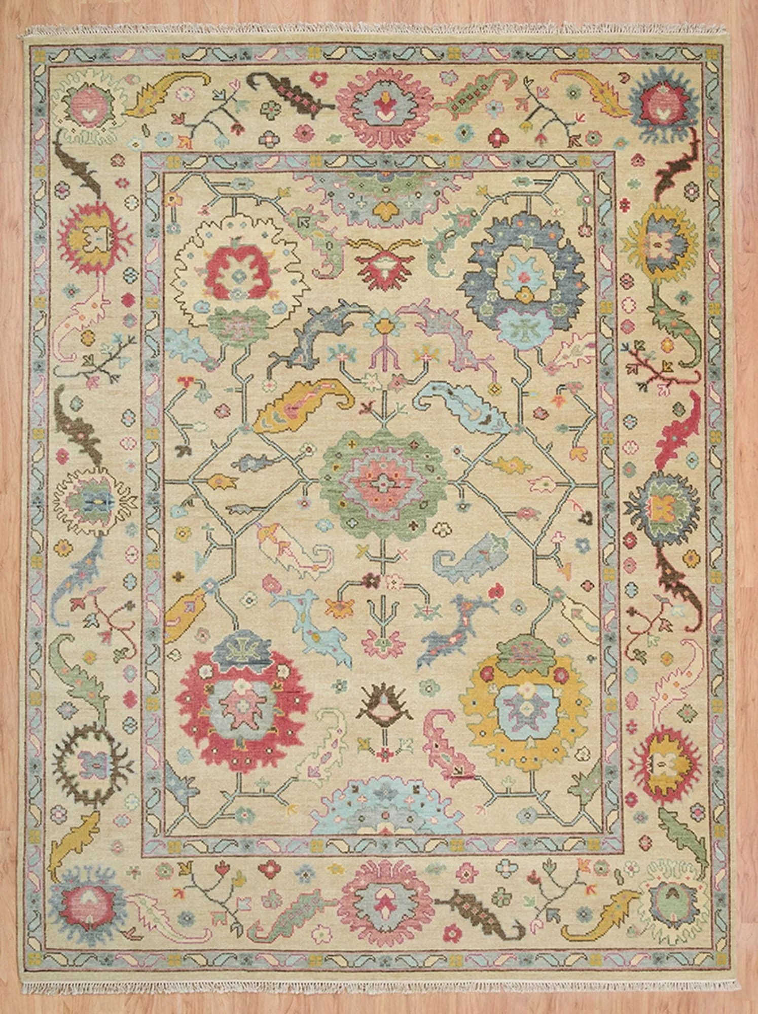 Handknotted Traditional Beige Oriental Area Rug with Pastel Floral Medallions & Fringe thumbnail 2