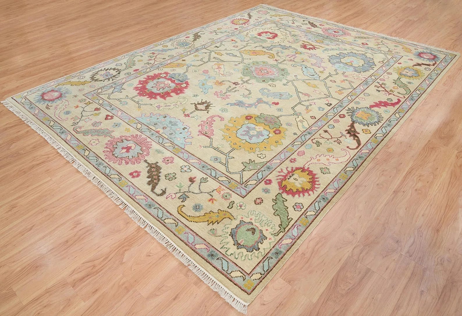 Handknotted Traditional Beige Oriental Area Rug with Pastel Floral Medallions & Fringe thumbnail 6