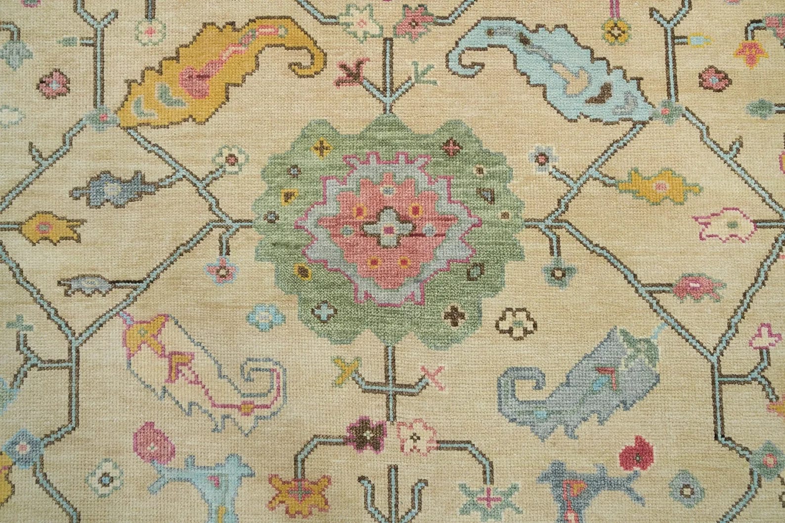 Handknotted Traditional Beige Oriental Area Rug with Pastel Floral Medallions & Fringe thumbnail 7