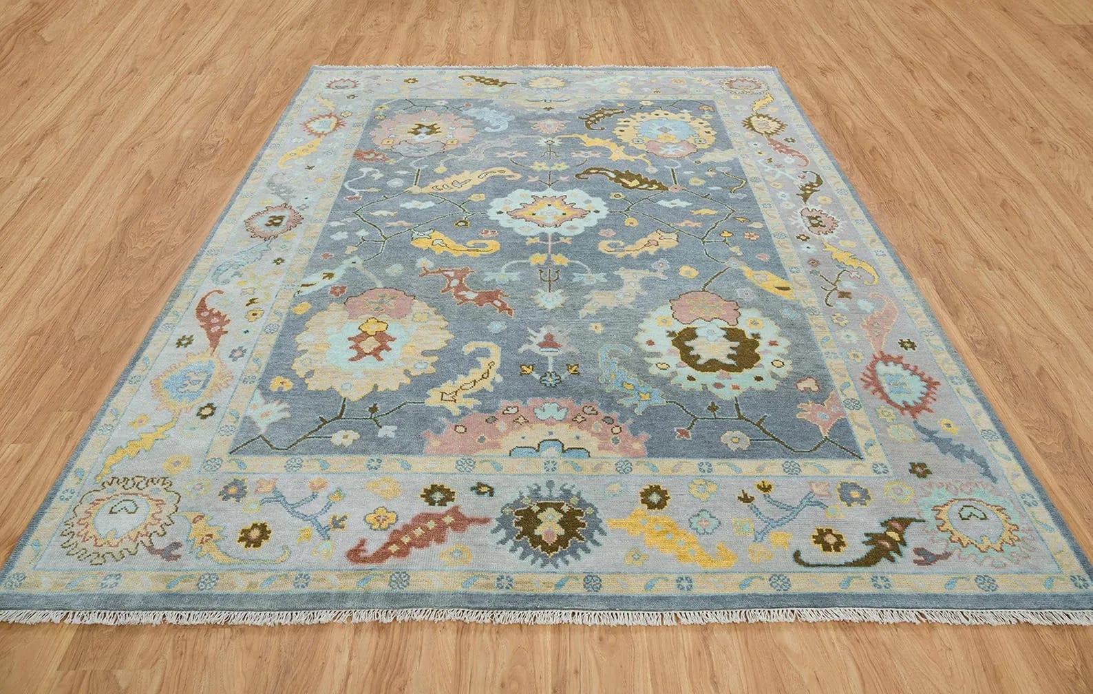 Handknotted Traditional Slate Grey Area Rug with Pastel Floral Medallions & Cream Fringe Border thumbnail 4