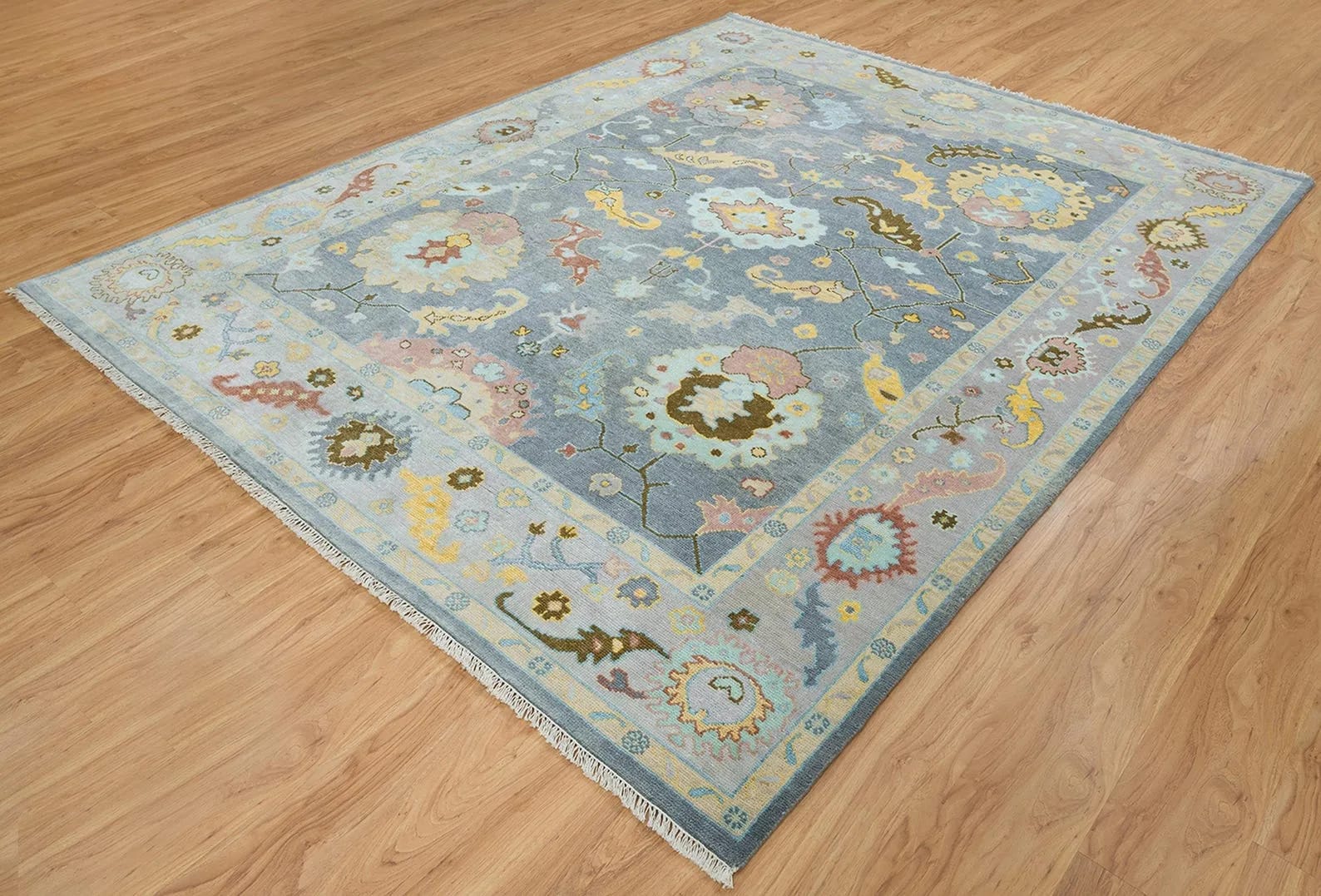 Handknotted Traditional Slate Grey Area Rug with Pastel Floral Medallions & Cream Fringe Border thumbnail 3