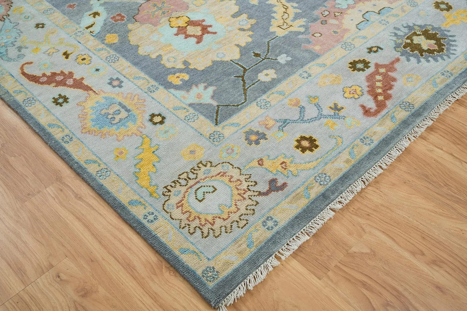 Handknotted Traditional Slate Grey Area Rug with Pastel Floral Medallions & Cream Fringe Border thumbnail 2
