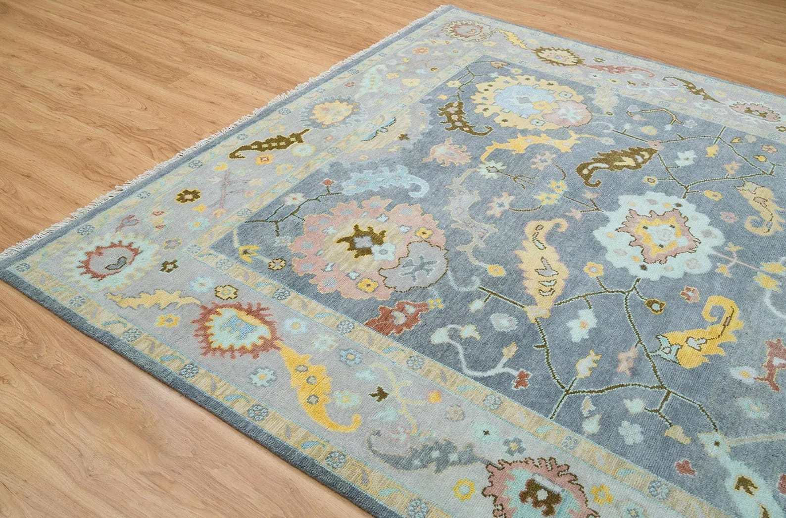 Handknotted Traditional Slate Grey Area Rug with Pastel Floral Medallions & Cream Fringe Border