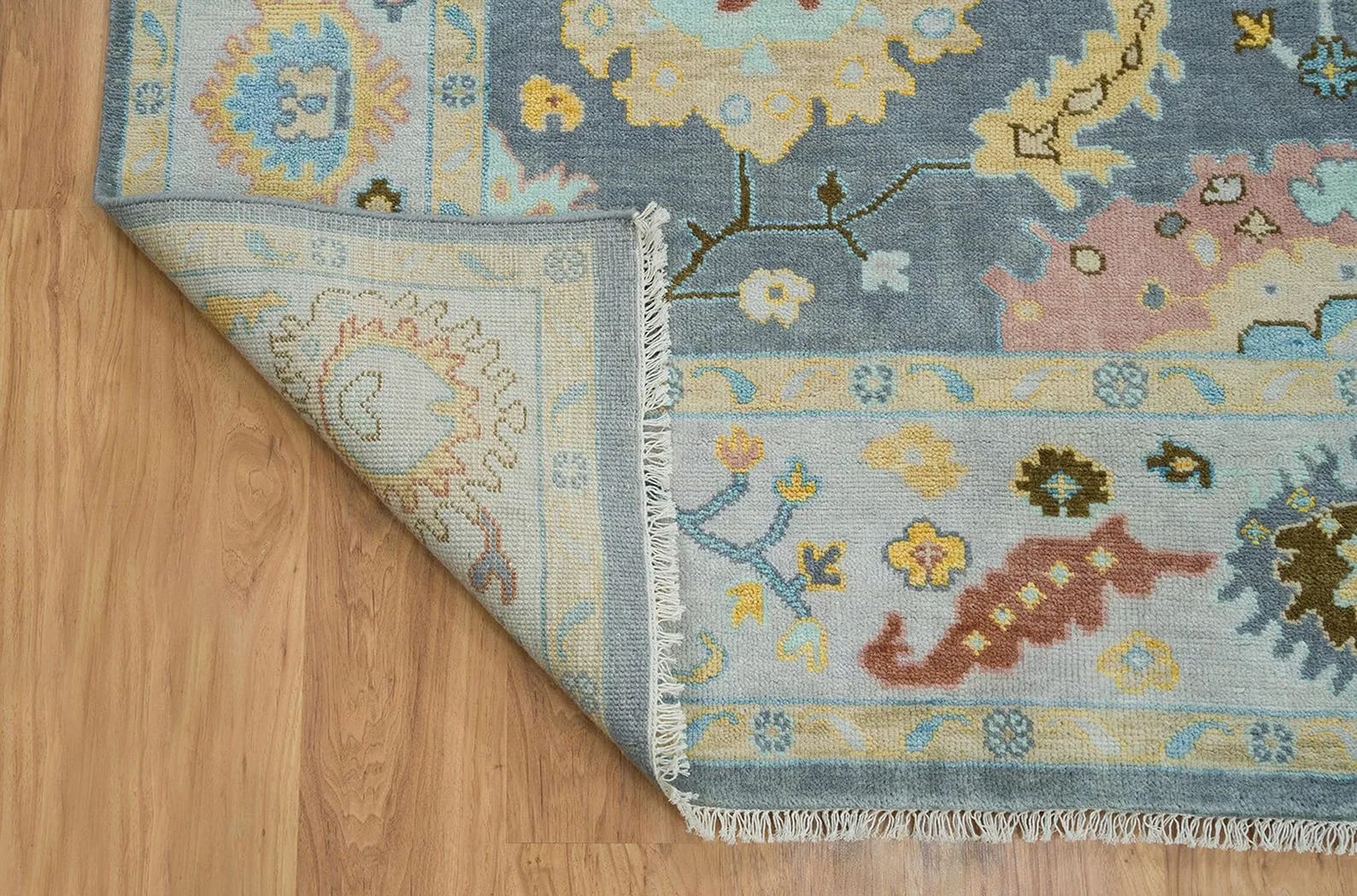 Handknotted Traditional Slate Grey Area Rug with Pastel Floral Medallions & Cream Fringe Border thumbnail 5
