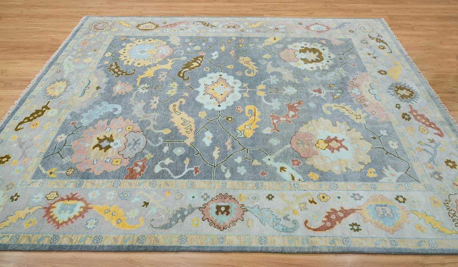 Handknotted Traditional Slate Grey Area Rug with Pastel Floral Medallions & Cream Fringe Border thumbnail 6