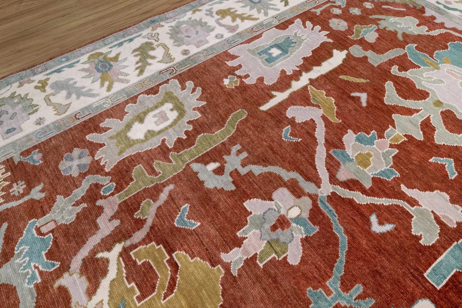 Handknotted Traditional Rust Red Area Rug with Floral Motifs & Cream Border Fringe thumbnail 4