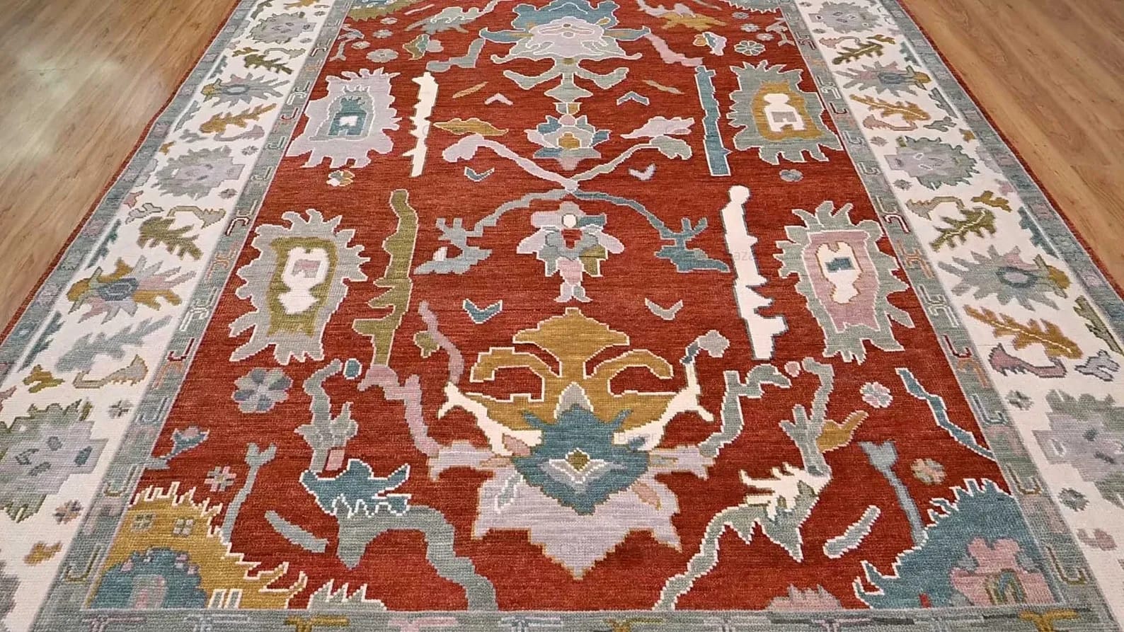 Handknotted Traditional Rust Red Area Rug with Floral Motifs & Cream Border Fringe thumbnail 7