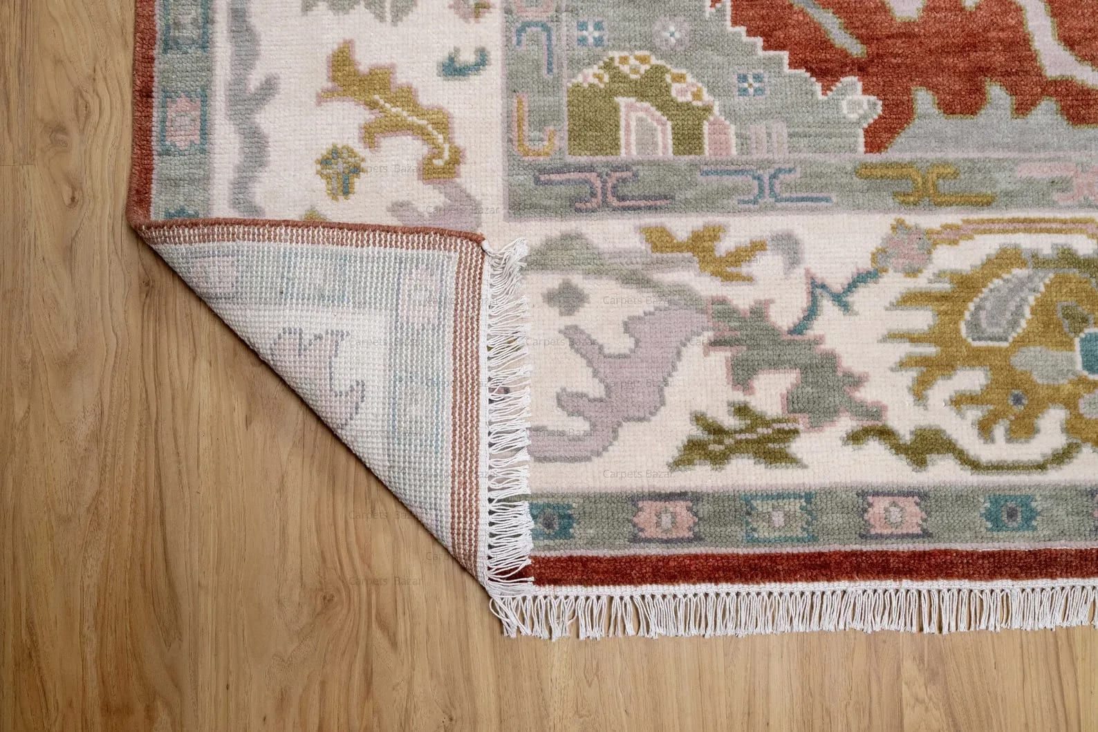 Handknotted Traditional Rust Red Area Rug with Floral Motifs & Cream Border Fringe thumbnail 8