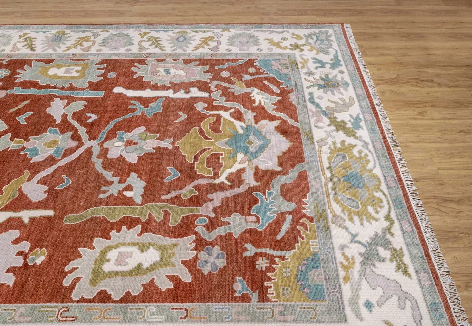 Handknotted Traditional Rust Red Area Rug with Floral Motifs & Cream Border Fringe thumbnail 3