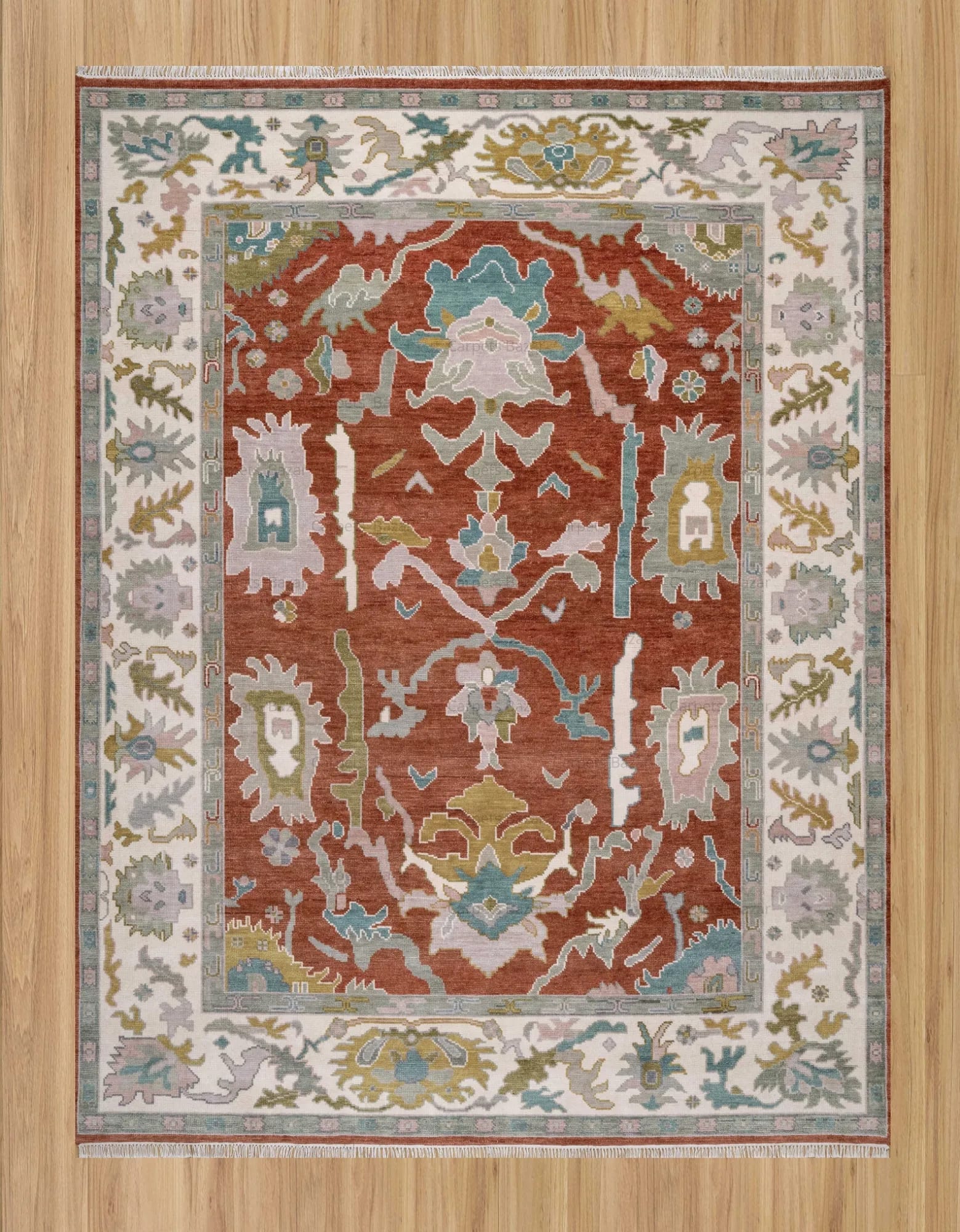 Handknotted Traditional Rust Red Area Rug with Floral Motifs & Cream Border Fringe thumbnail 2
