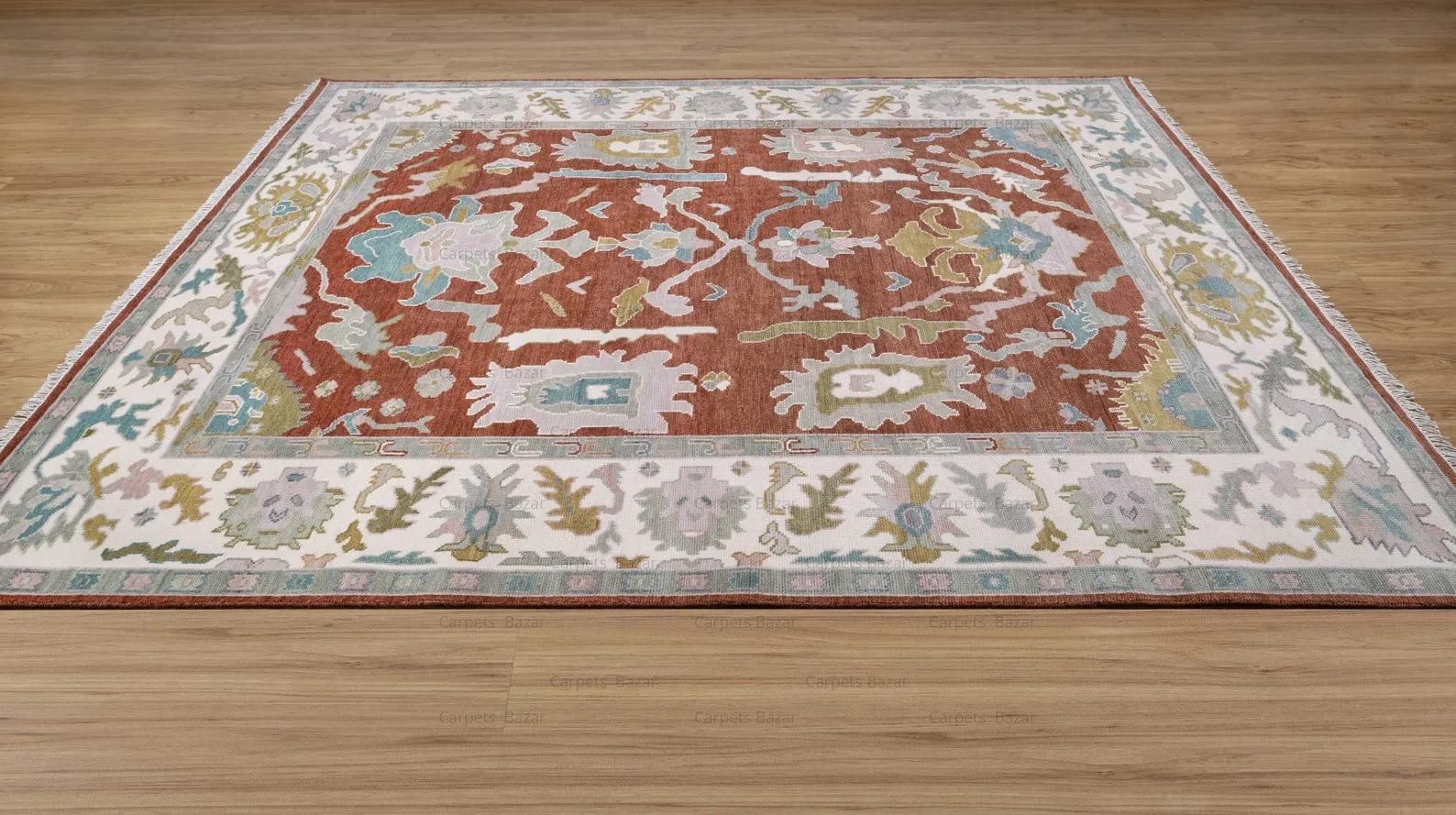 Handknotted Traditional Rust Red Area Rug with Floral Motifs & Cream Border Fringe thumbnail 5