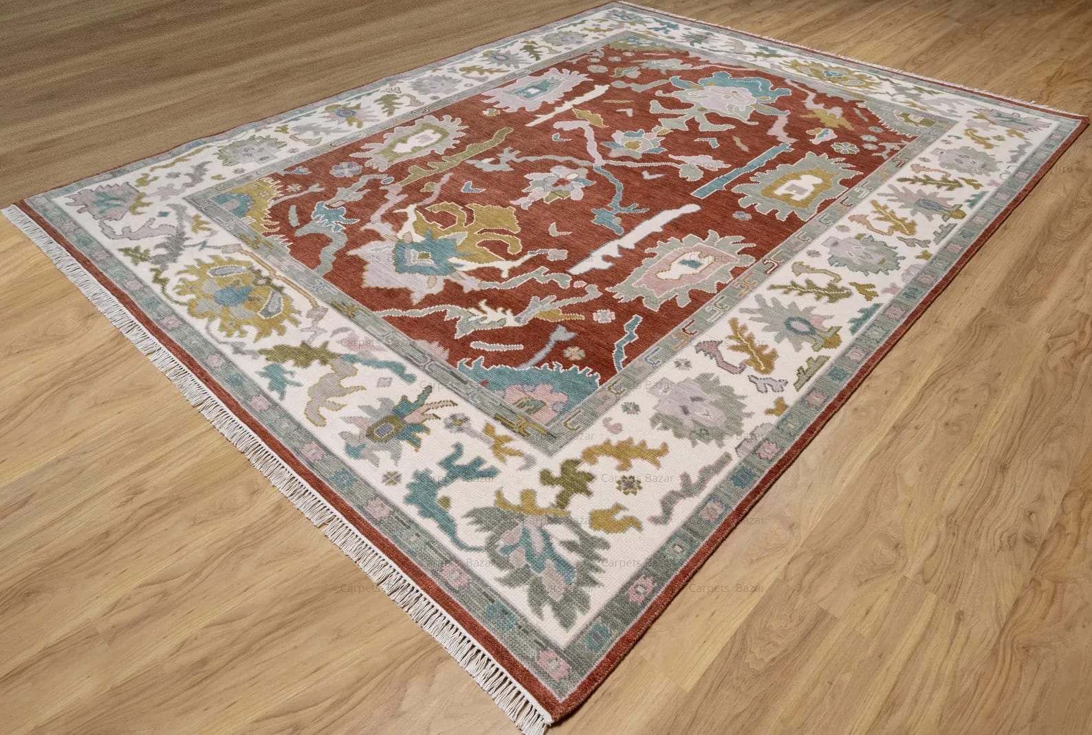 Handknotted Traditional Rust Red Area Rug with Floral Motifs & Cream Border Fringe