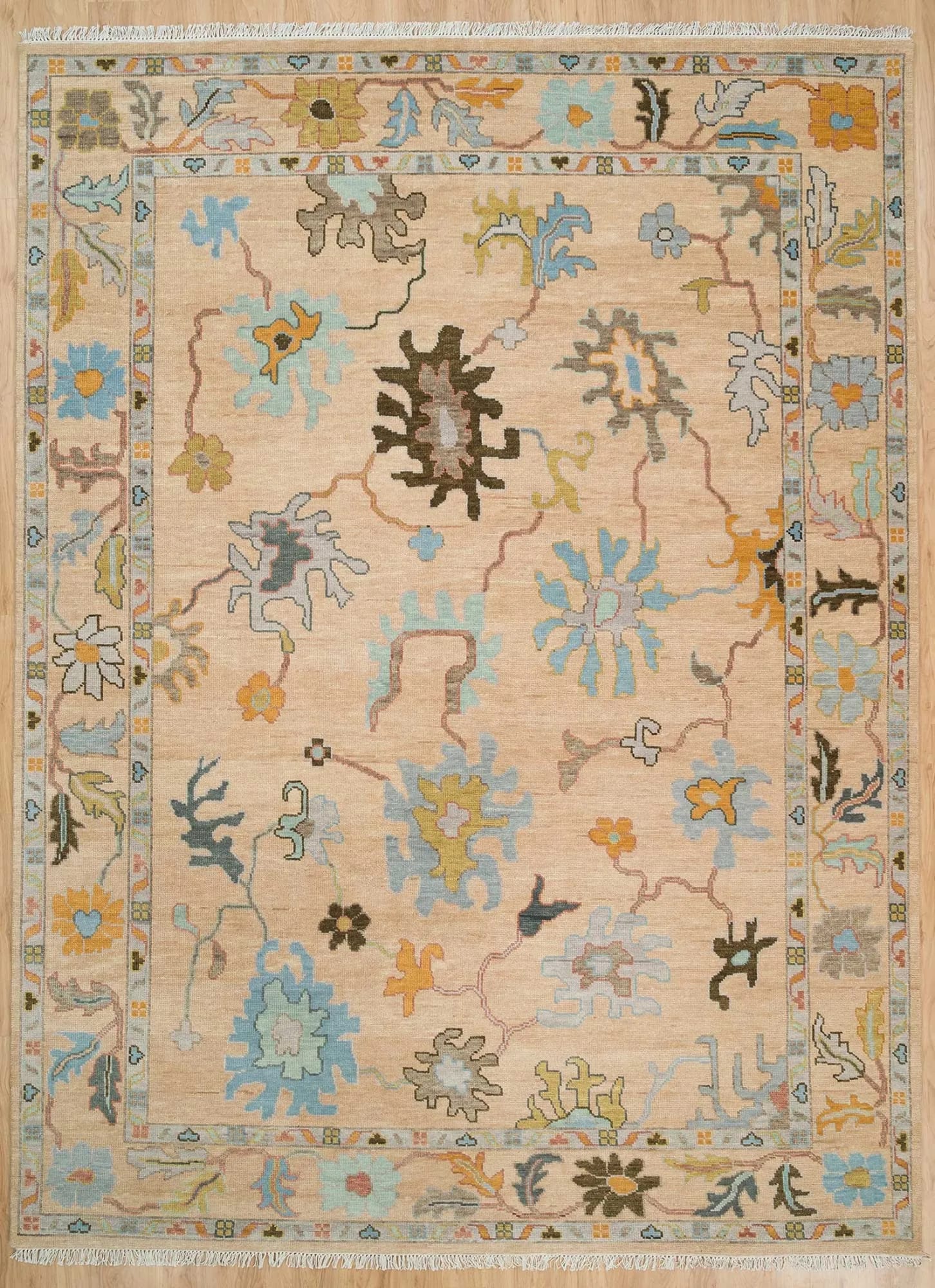 Handknotted Traditional Ivory Beige Oriental Area Rug with Light Blue Floral Motifs & Fringe thumbnail 6