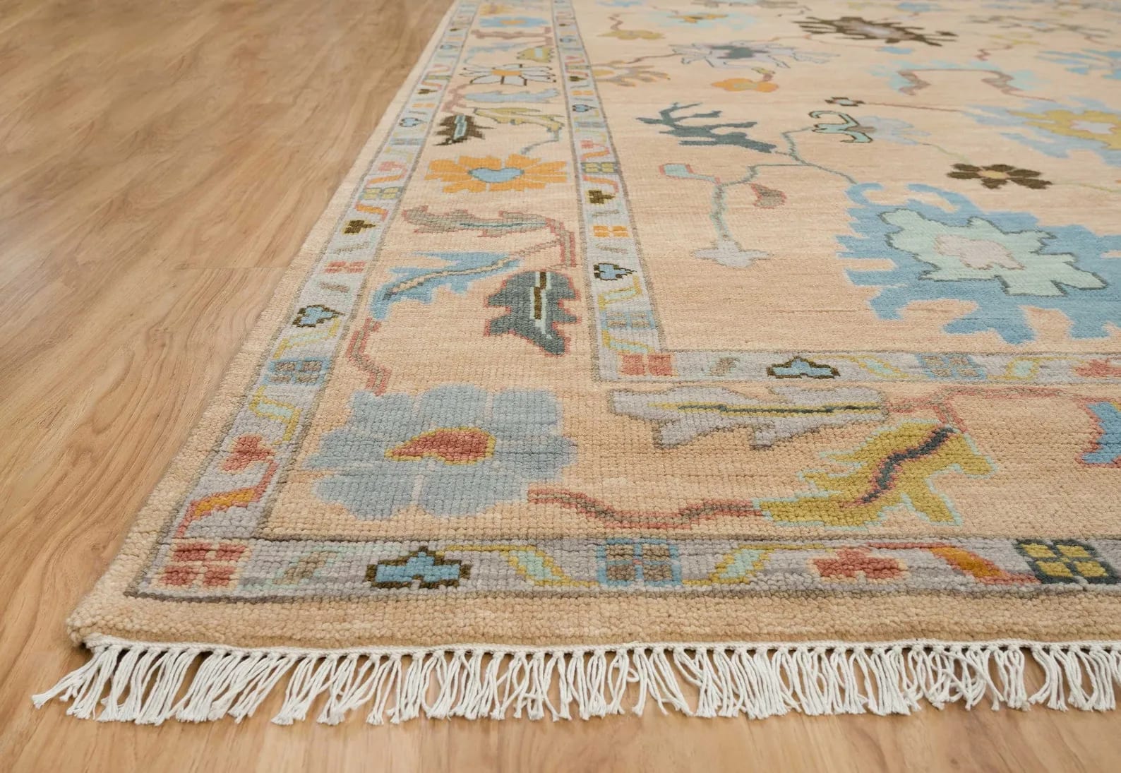 Handknotted Traditional Ivory Beige Oriental Area Rug with Light Blue Floral Motifs & Fringe thumbnail 3