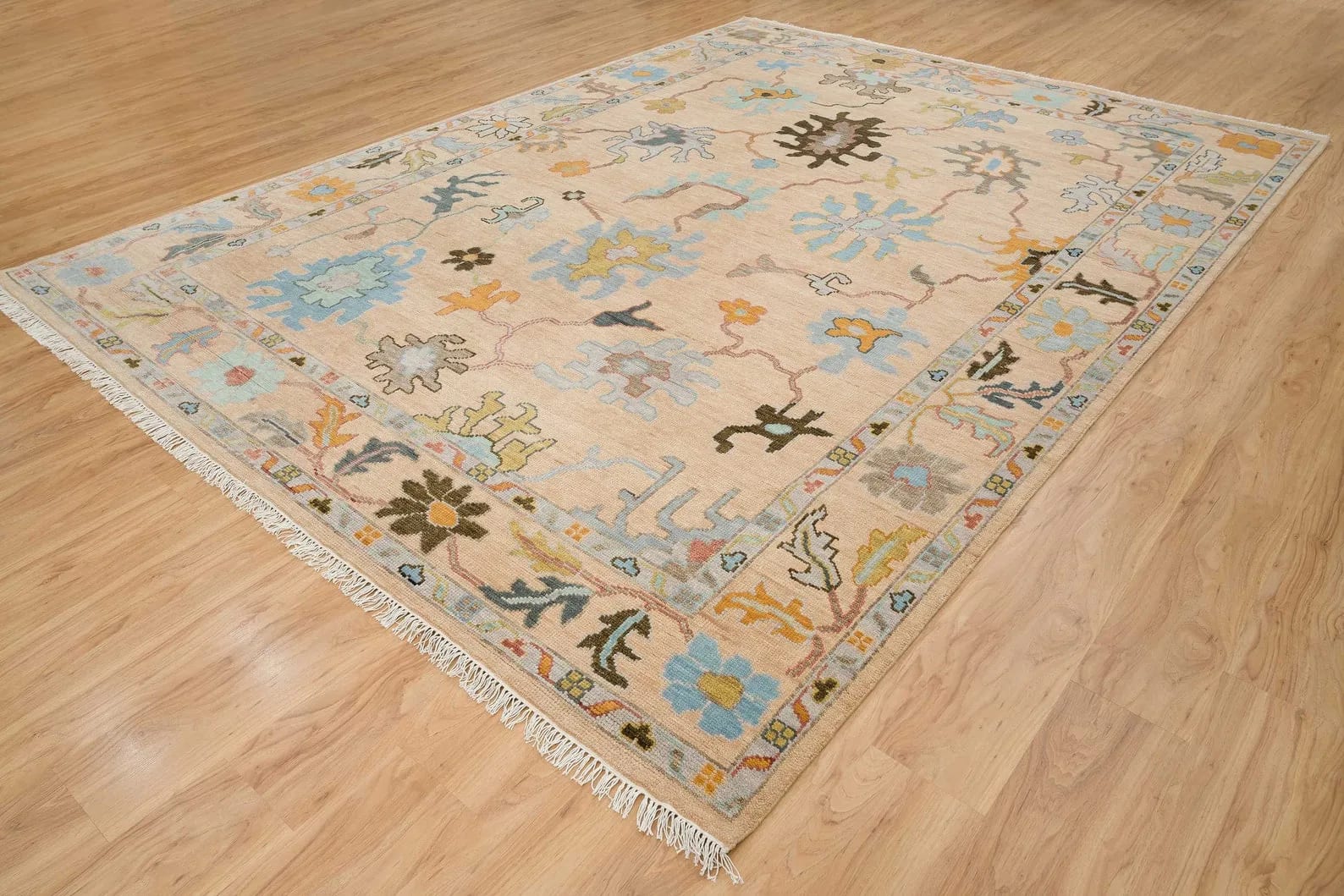Handknotted Traditional Ivory Beige Oriental Area Rug with Light Blue Floral Motifs & Fringe