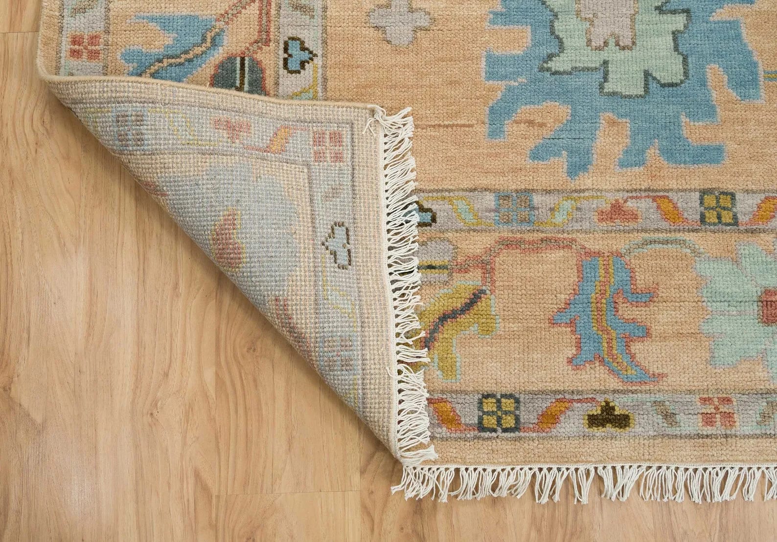 Handknotted Traditional Ivory Beige Oriental Area Rug with Light Blue Floral Motifs & Fringe thumbnail 4