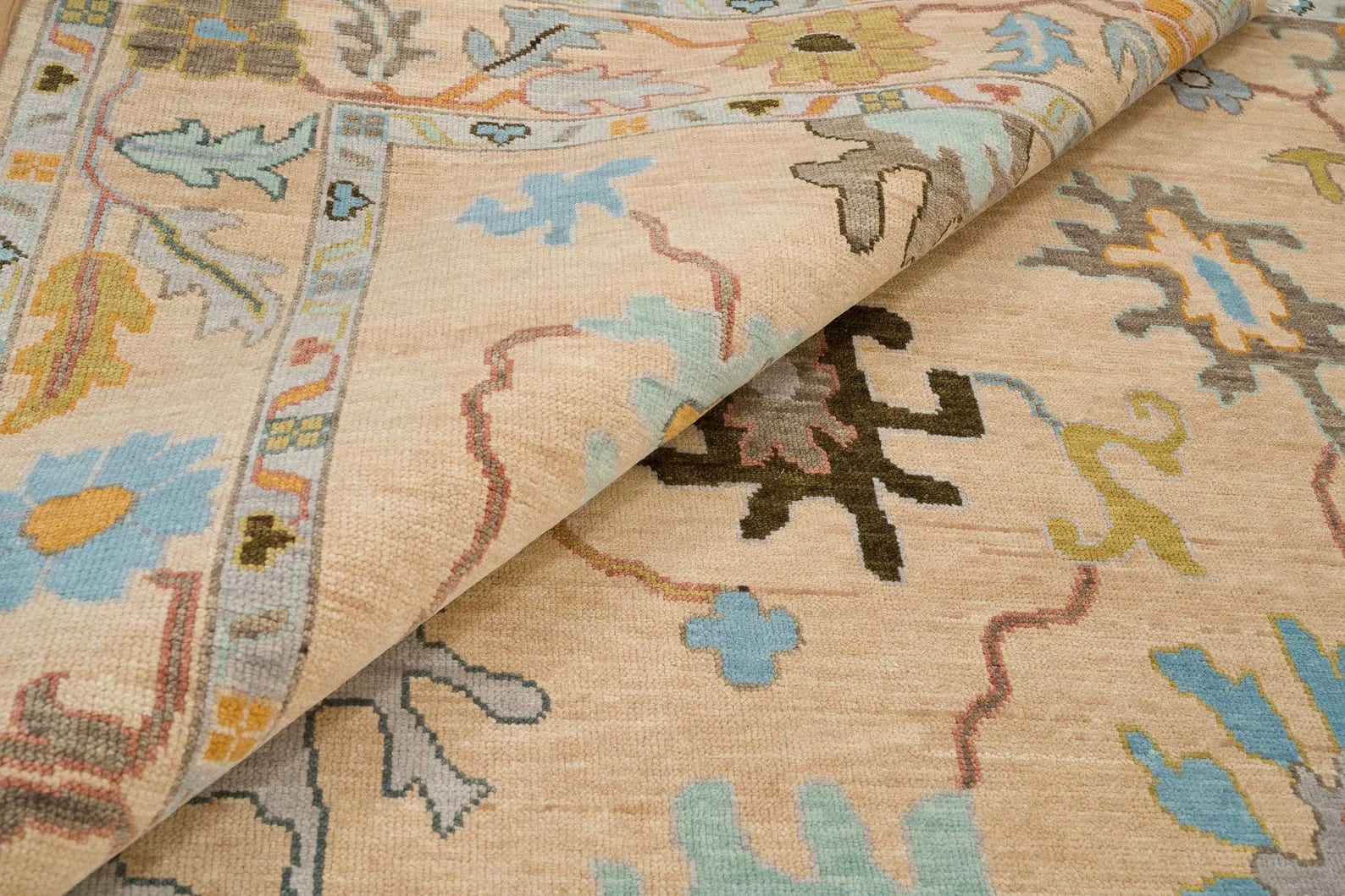 Handknotted Traditional Ivory Beige Oriental Area Rug with Light Blue Floral Motifs & Fringe thumbnail 5