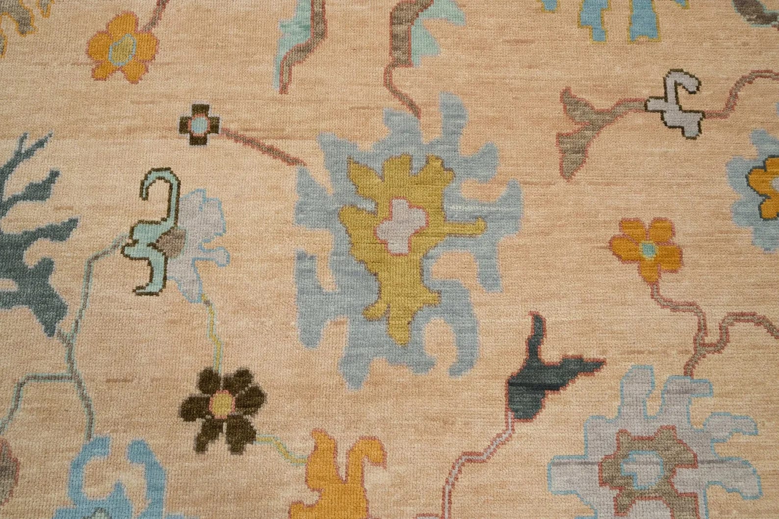 Handknotted Traditional Ivory Beige Oriental Area Rug with Light Blue Floral Motifs & Fringe thumbnail 2