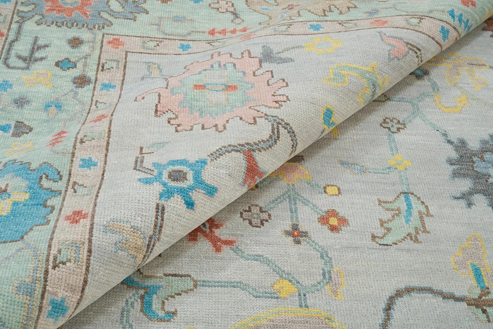 Handknotted Traditional Soft Grey Oriental Area Rug with Mint Green Border & Light Blue Motifs thumbnail 5