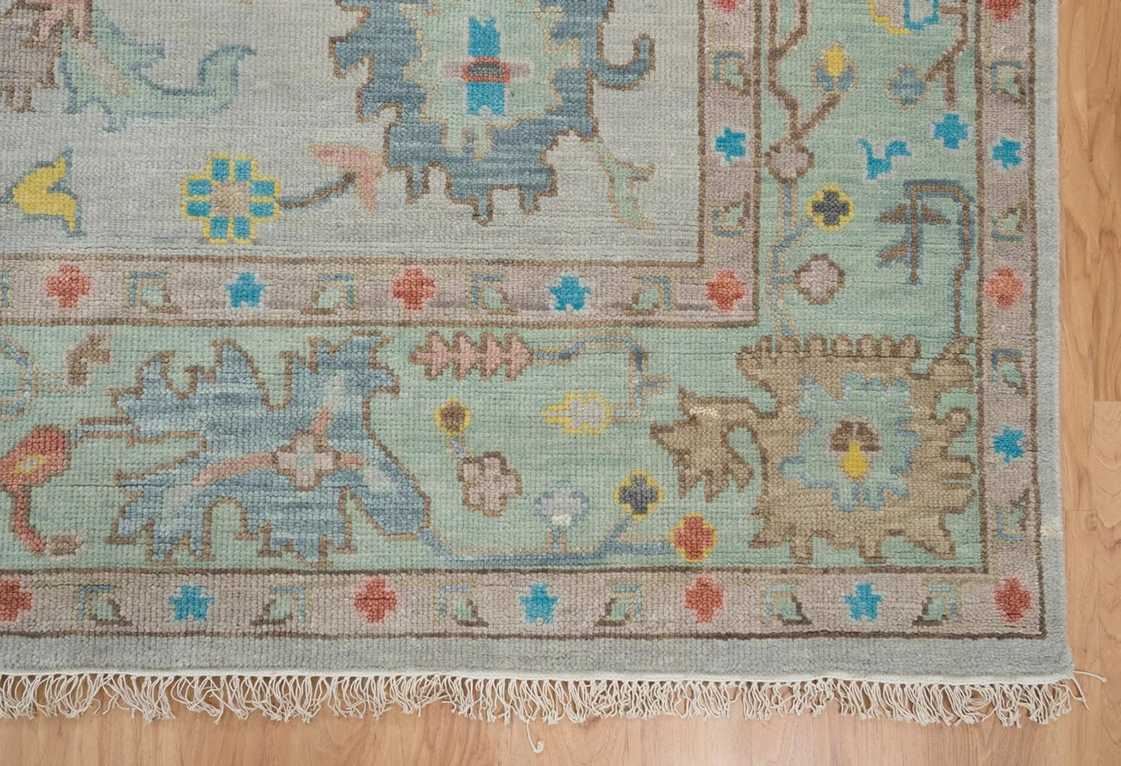 Handknotted Traditional Soft Grey Oriental Area Rug with Mint Green Border & Light Blue Motifs