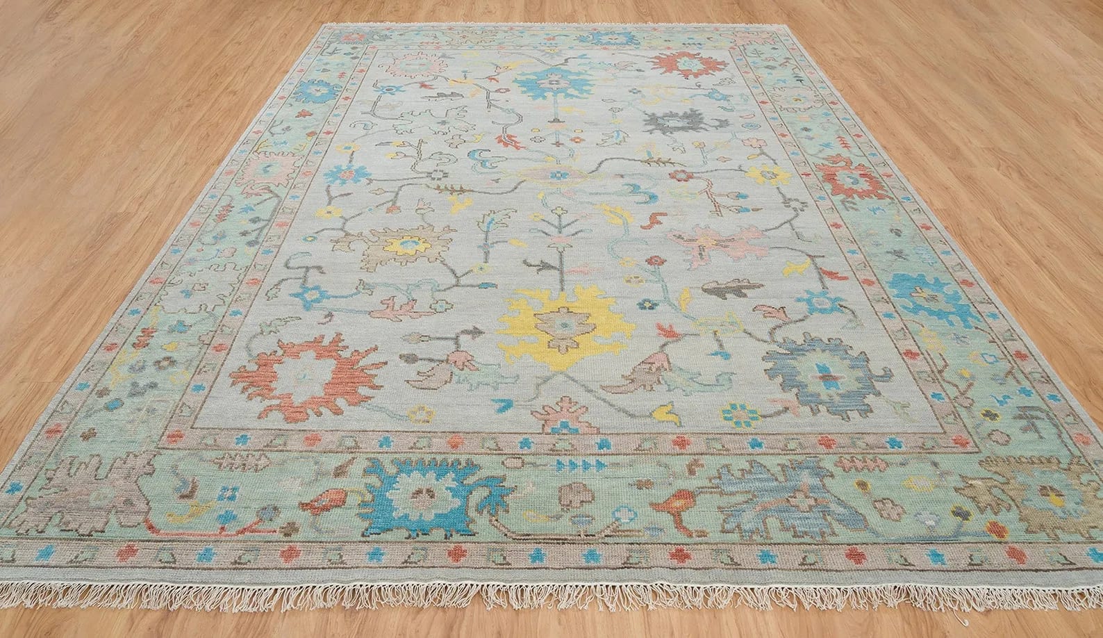Handknotted Traditional Soft Grey Oriental Area Rug with Mint Green Border & Light Blue Motifs thumbnail 3