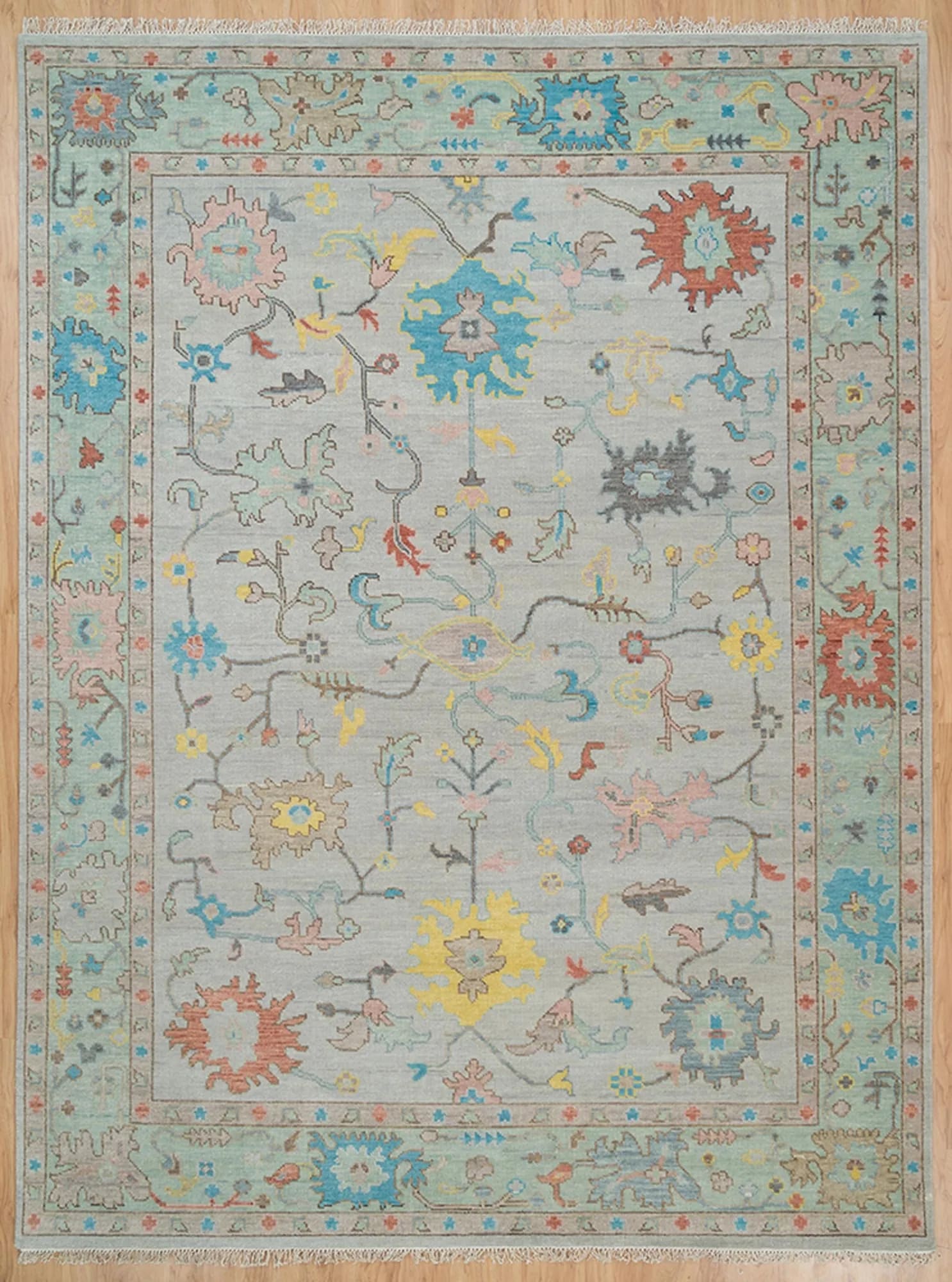 Handknotted Traditional Soft Grey Oriental Area Rug with Mint Green Border & Light Blue Motifs thumbnail 4