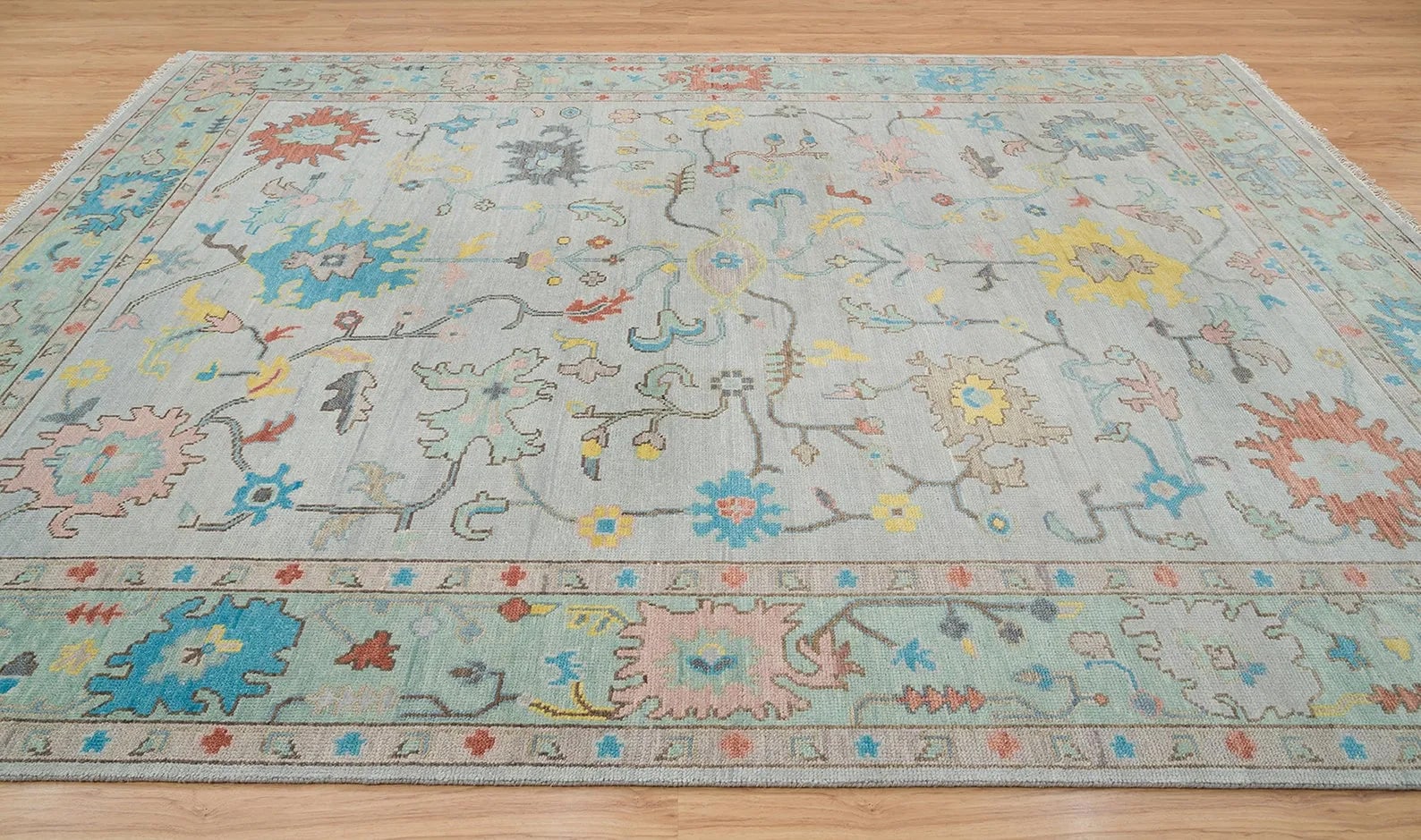 Handknotted Traditional Soft Grey Oriental Area Rug with Mint Green Border & Light Blue Motifs thumbnail 2