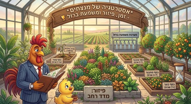 תרנגול בחממה עם ערוגות כסף — פיזור רחב ומסודר כמו גידול מדד