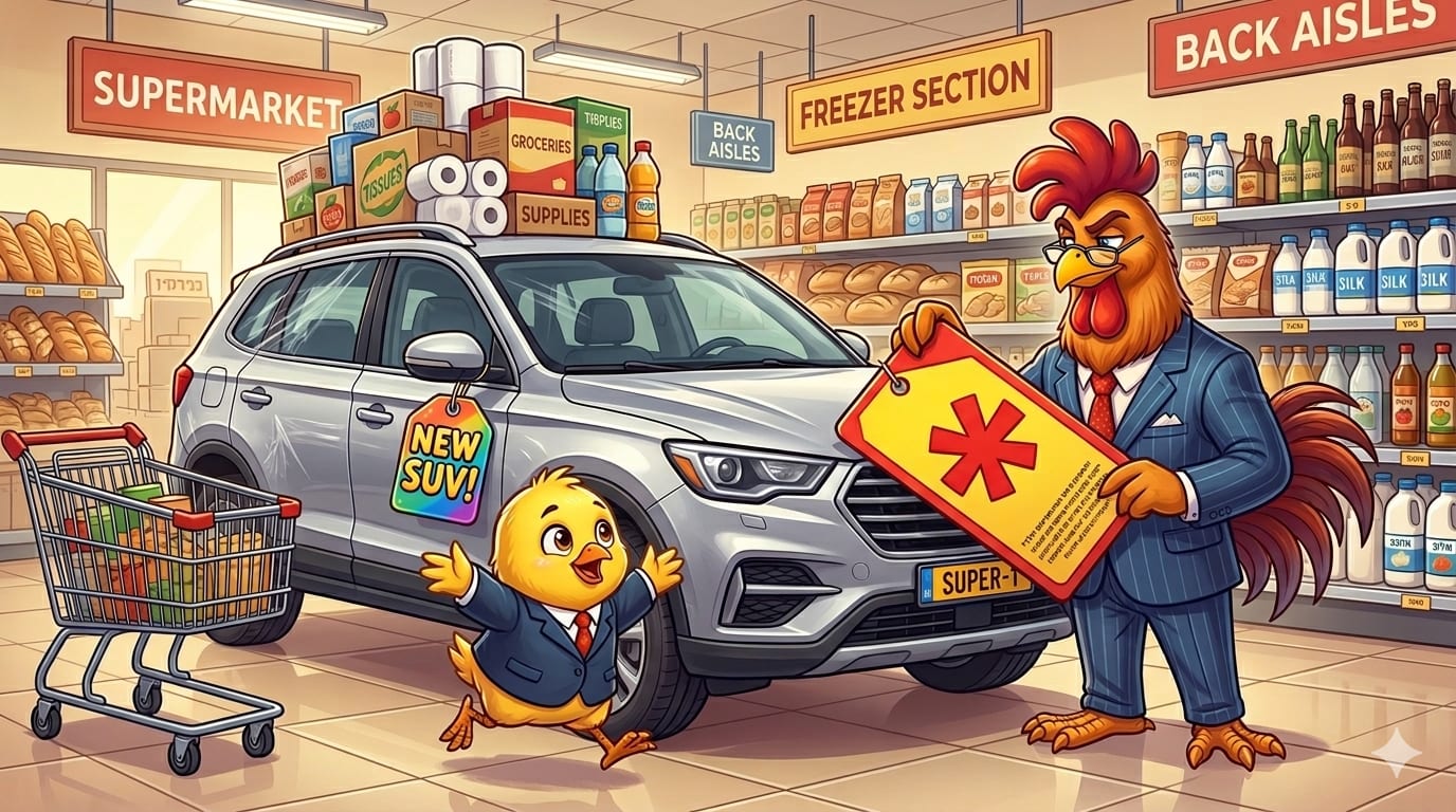 התרנגול בודק את האותיות הקטנות על תווית המחיר של רכב בסופר
