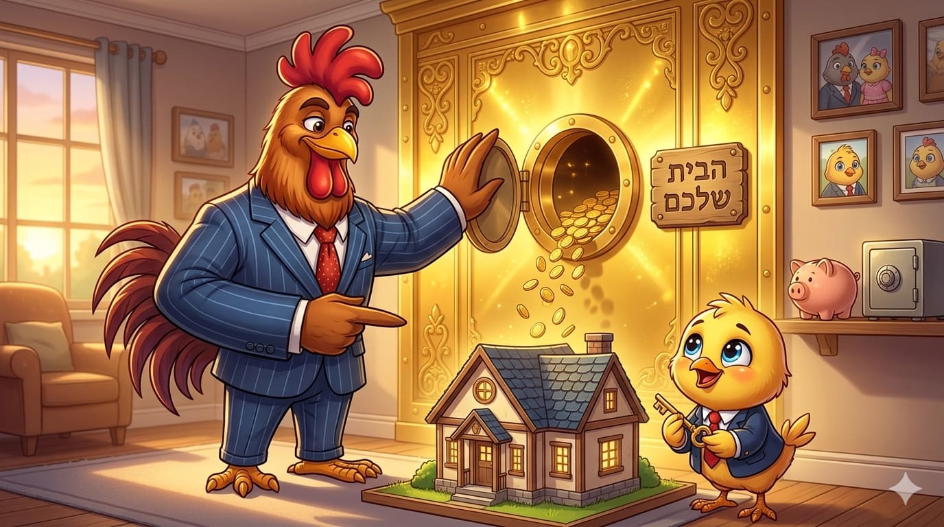התרנגול מסביר להורים איך למשכן את הדירה כדי לעזור לילדים בלי לפדות חסכונות