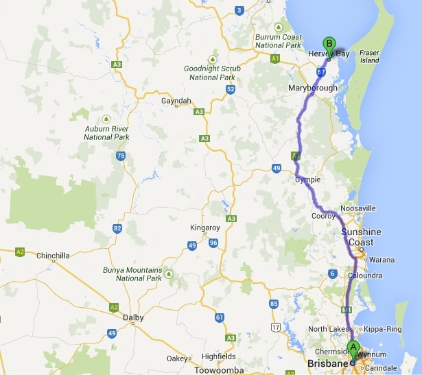 Map showing route from Hervey Bay to Brisbane, Vila Paus and Ferny Grove Suite locations