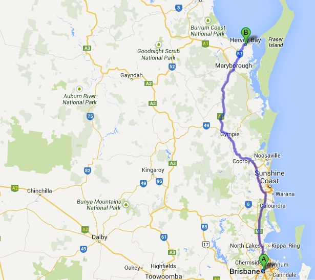 Map showing route from Hervey Bay to Brisbane, Vila Paus and Ferny Grove Suite locations