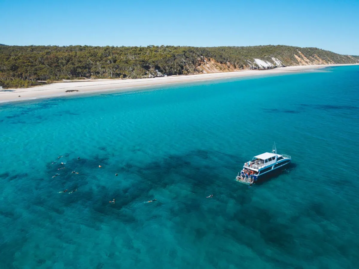 Aerial view of Platypus Bay and K'gari (Fraser Island), the sheltered whale watching waters of Hervey Bay