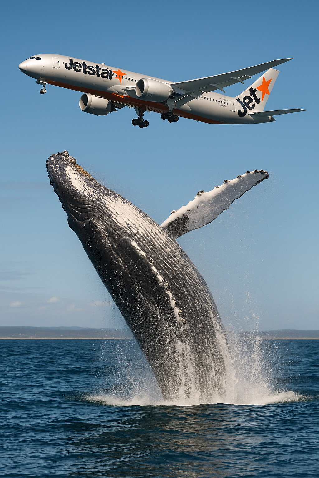 Jetstar plane flying over a breaching humpback whale near Hervey Bay