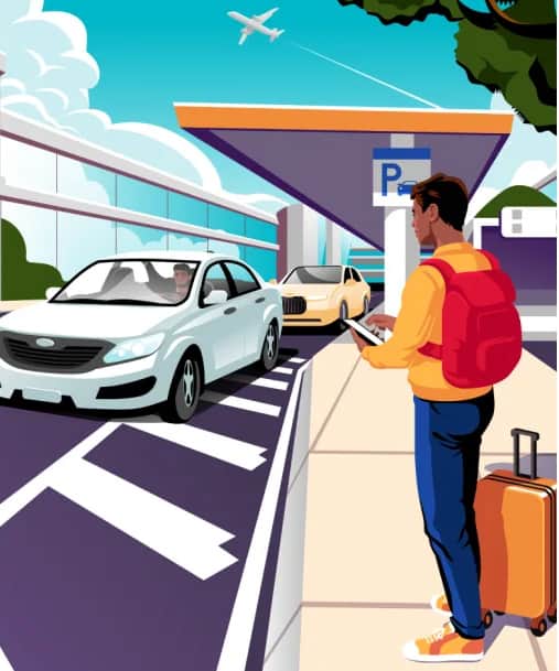 Traveller with luggage being picked up roadside near the airport