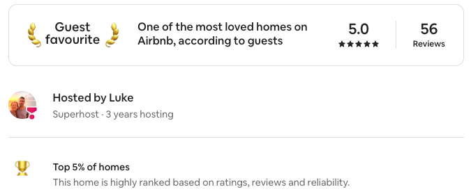 Vila Paus rated a Guest Favourite on Airbnb — 5.0 star rating from 56 reviews, hosted by Superhost Luke, ranked in the top 5% of homes