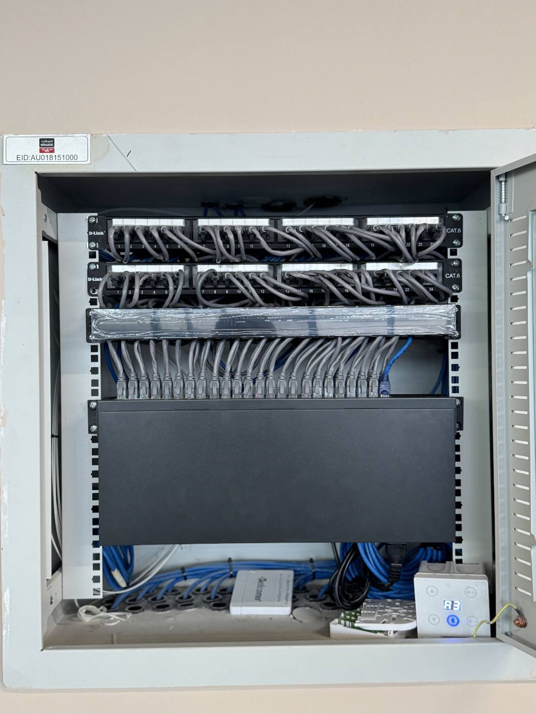 Network cabinet with D-Link patch panels and blue cabling
