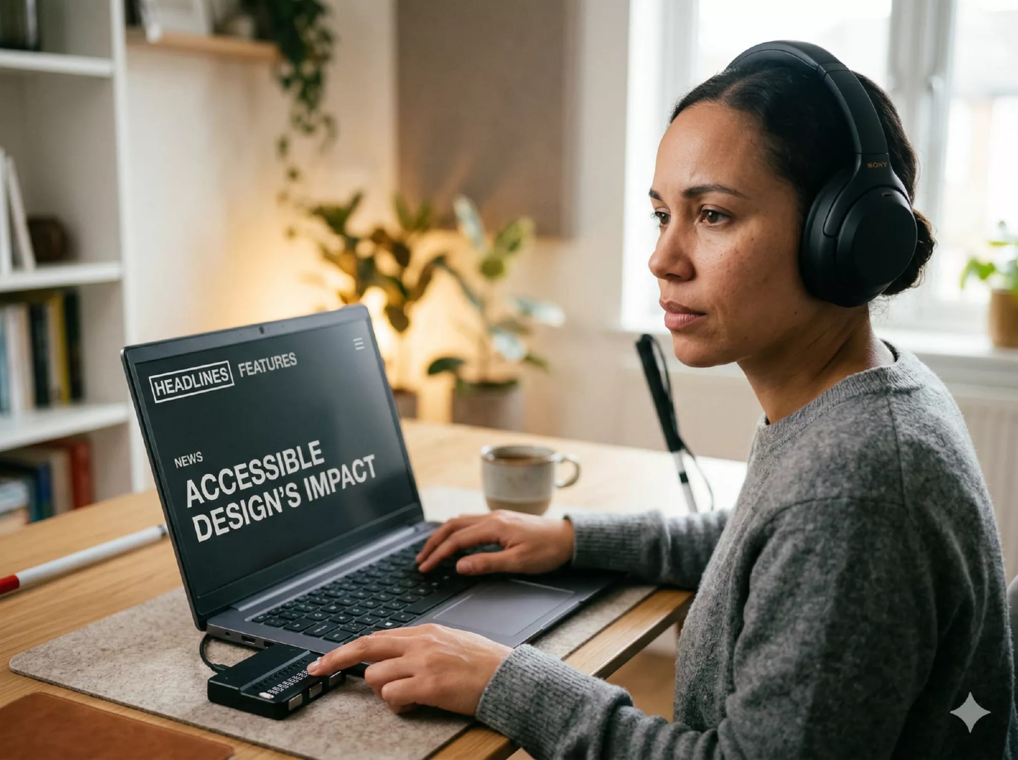 Personne malvoyante utilisant un clavier et un casque audio pour naviguer sur internet avec un lecteur d'écran