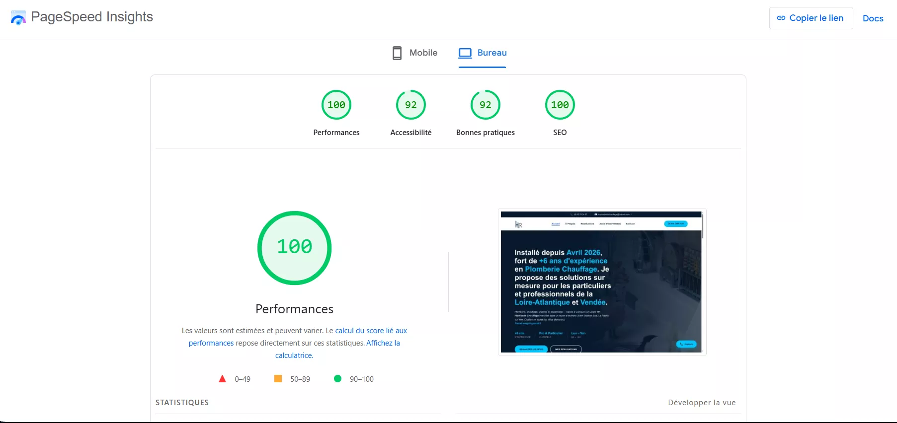 Score PageSpeed Insights du site HR Plomberie Chauffage — Performance 100, SEO 100, réalisé par KineticWeb
