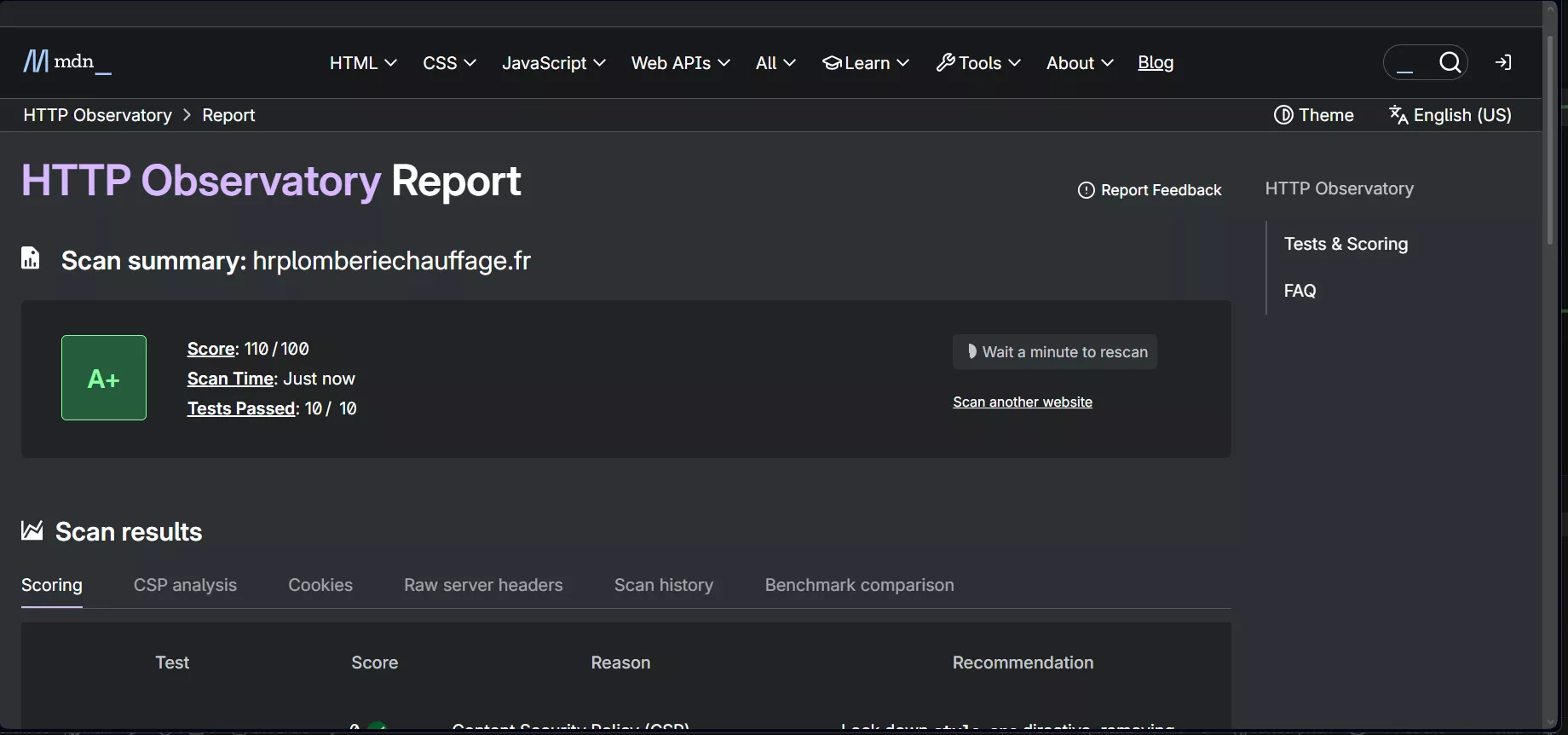 Rapport HTTP Observatory A+ 110/100 — hrplomberiechauffage.fr — 10 tests de sécurité passés