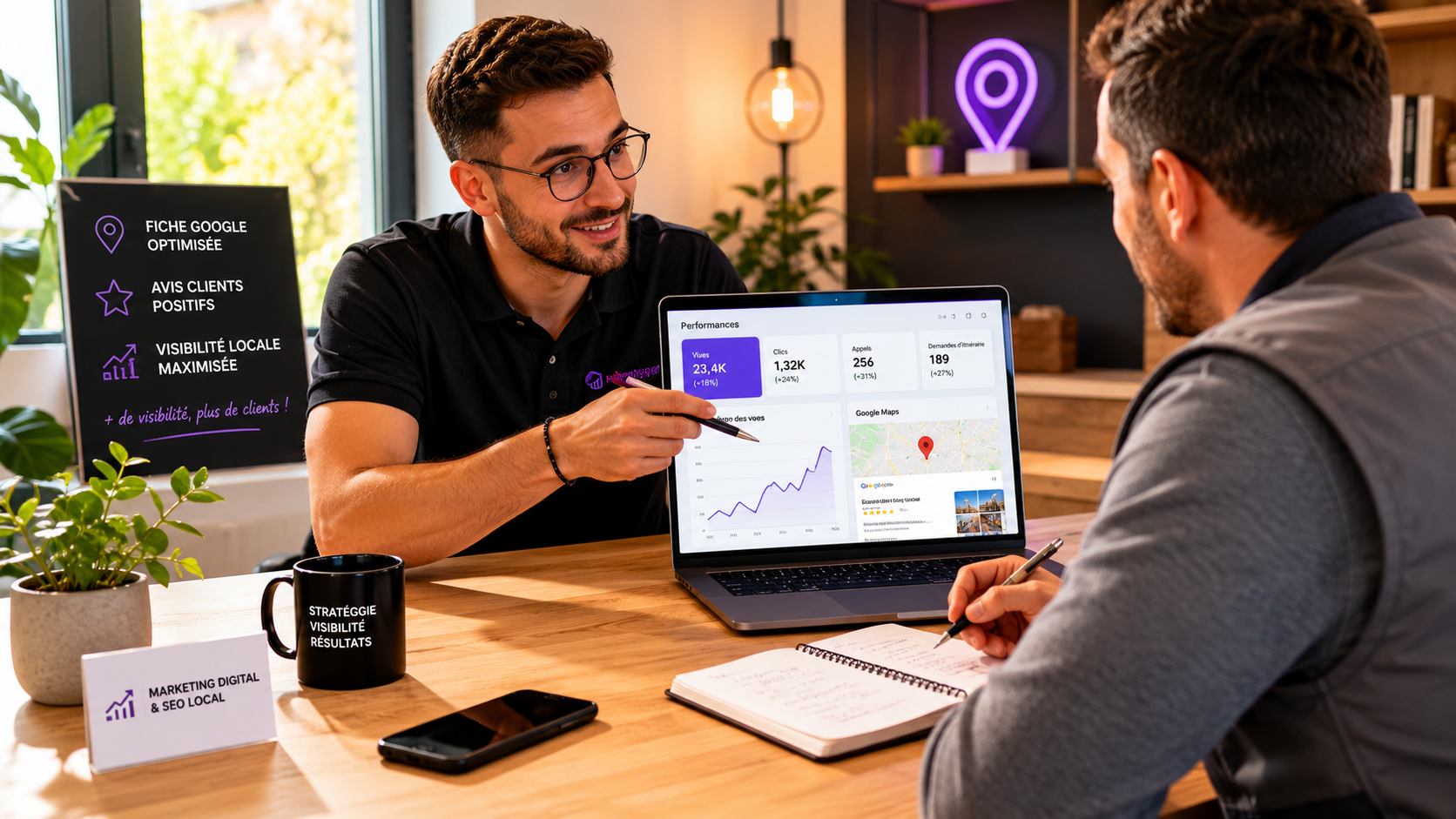 Accompagnement marketing digital — KineticWeb explique les mécanismes SEO à un entrepreneur