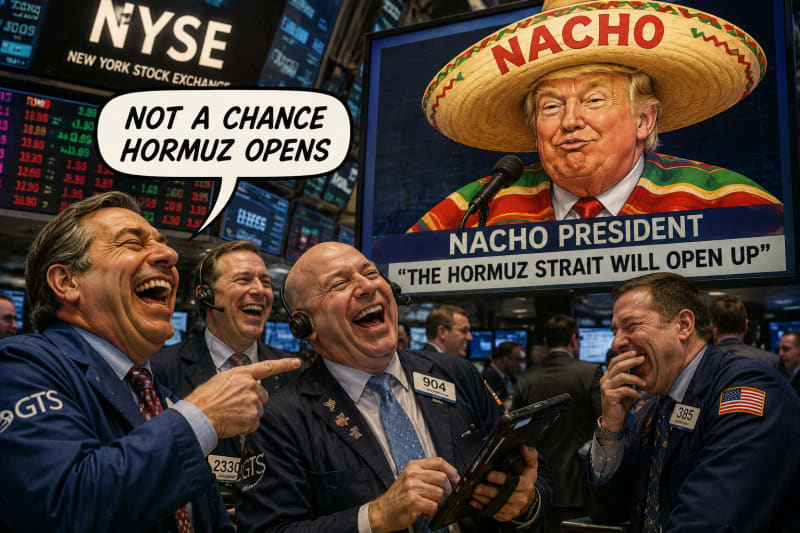 Wall Street Mocks Trump The NACHO President: “NOT A CHANCE HORMUZ OPENS”